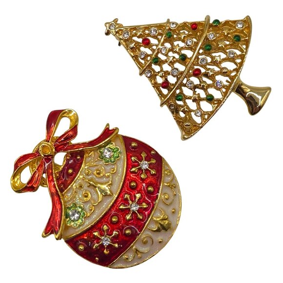 Christmas Brooch 2PC Set Gold Tone Red Enamel Holiday Festive Tree Ornament Snow - Picture 3 of 11